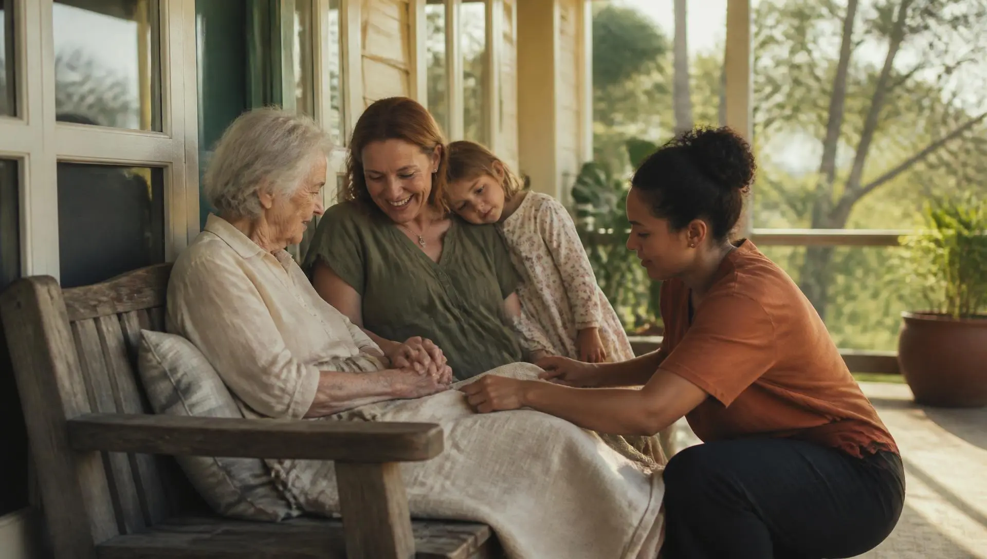An older Australian woman on her sun-drenched verandah with family and support worker