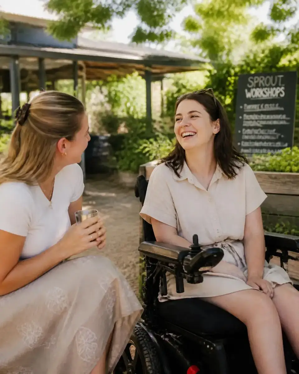 A young woman who uses a power wheelchair laughing with a friend at a sunlit community garden