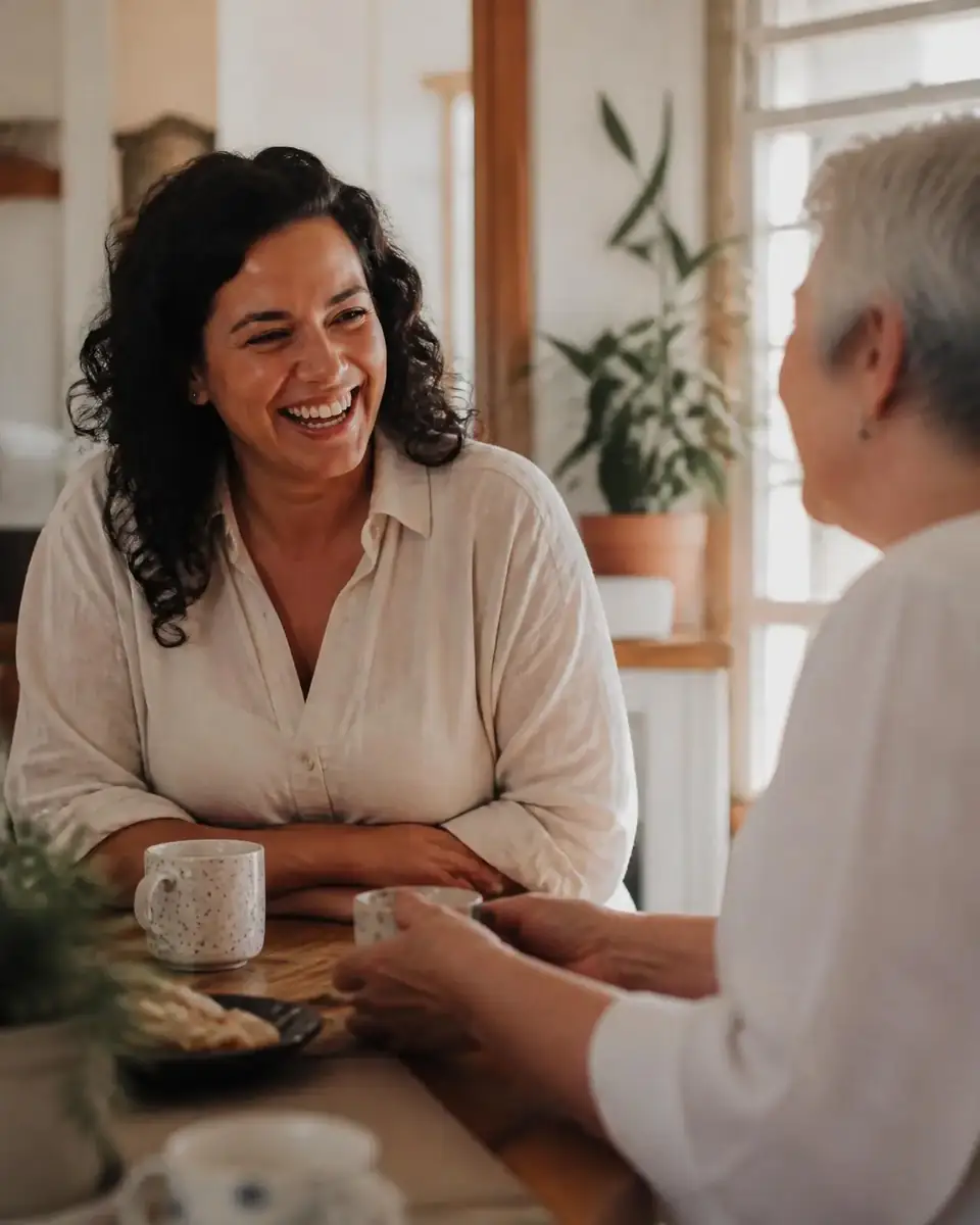 Support worker sharing a quiet moment over tea with an older client