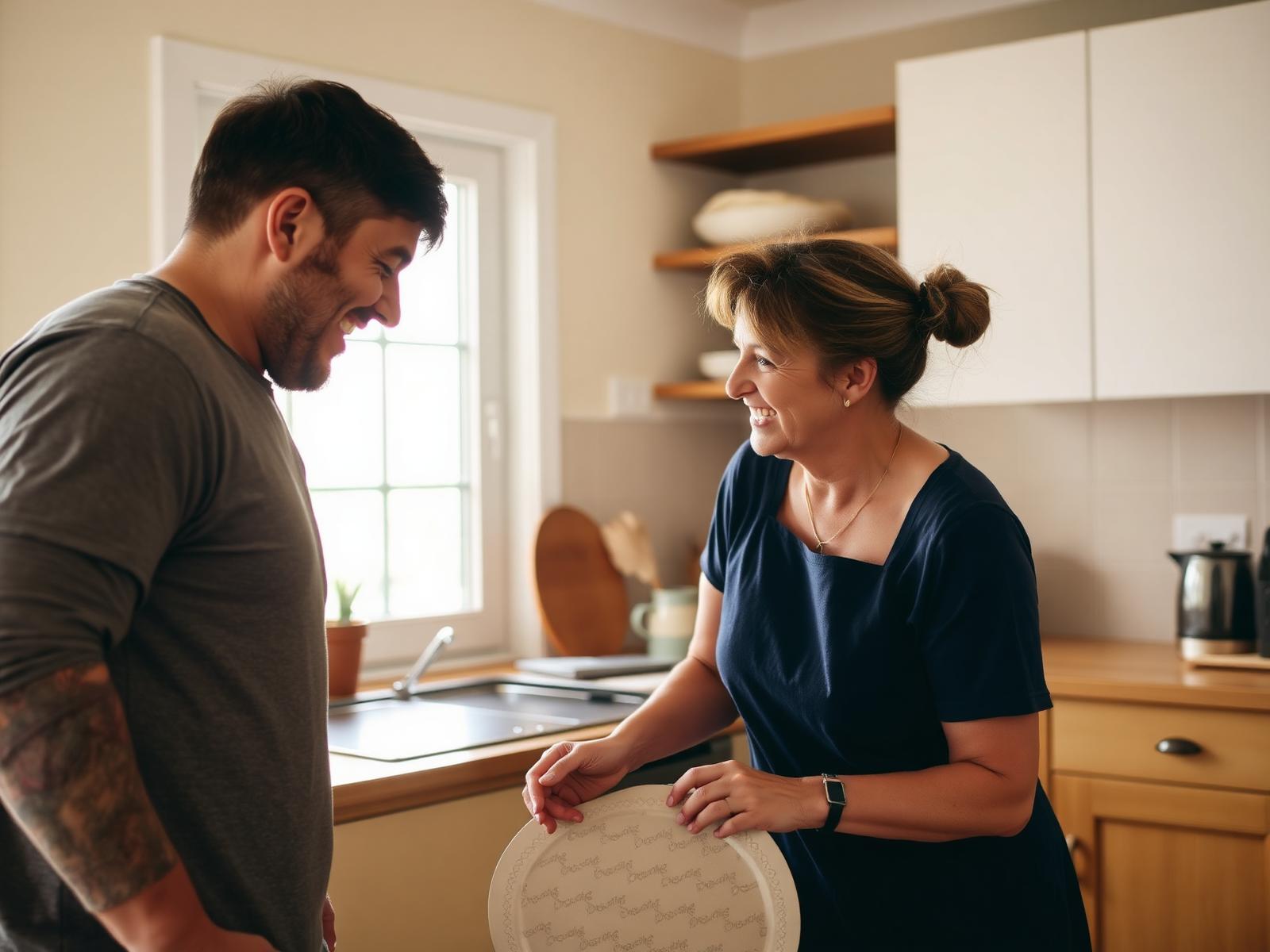 A support worker and participant sharing a warm everyday moment in a home kitchen