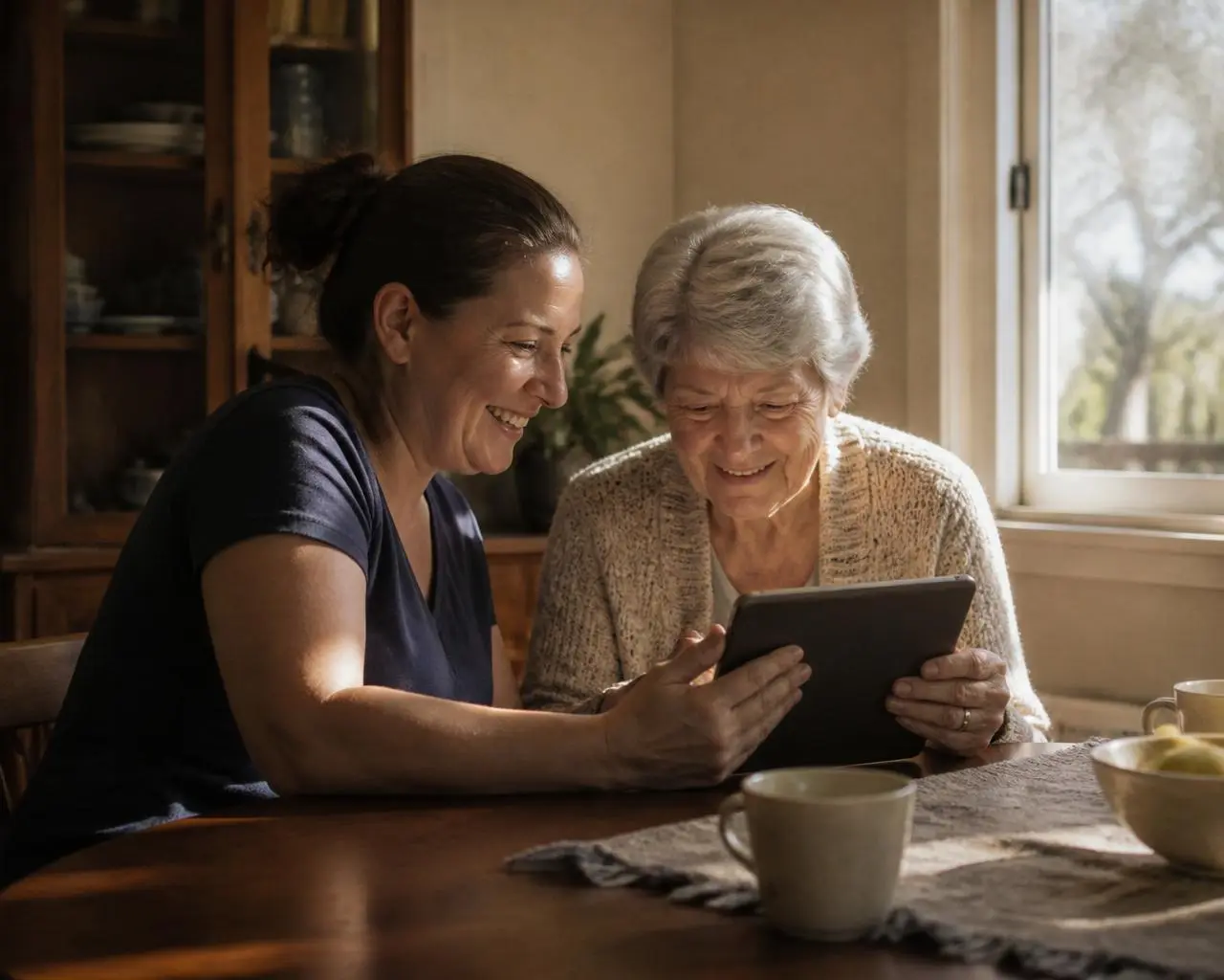 A support worker and an older Australian woman looking at a tablet and laughing