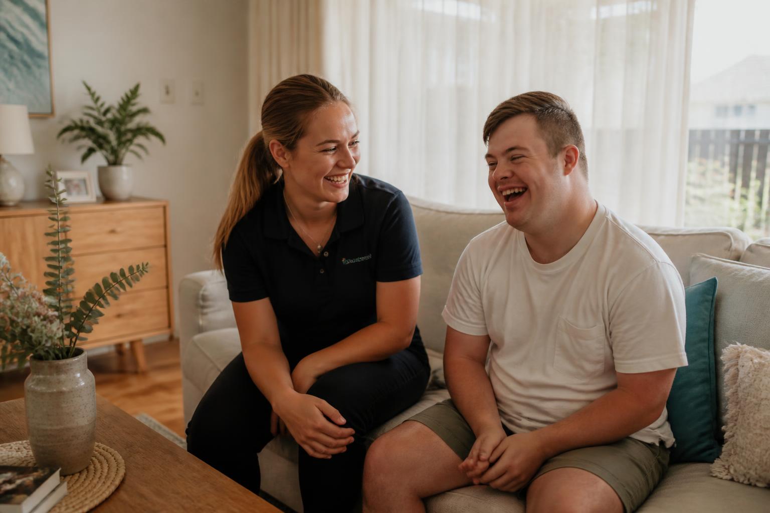 An NDIS participant and their support worker heading out together in their local neighbourhood