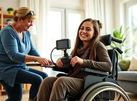A support worker helping a smiling young woman in a power wheelchair at home
