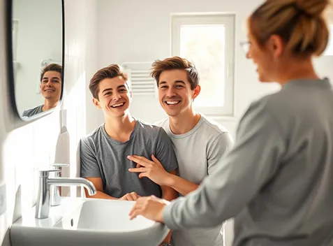 A support worker helping two smiling young men with their routine at the bathroom sink