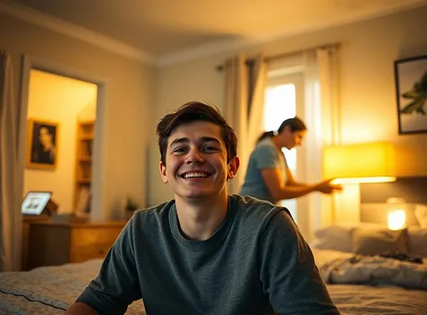 A smiling young man in his softly lit bedroom at night while a support worker adjusts a lamp behind him
