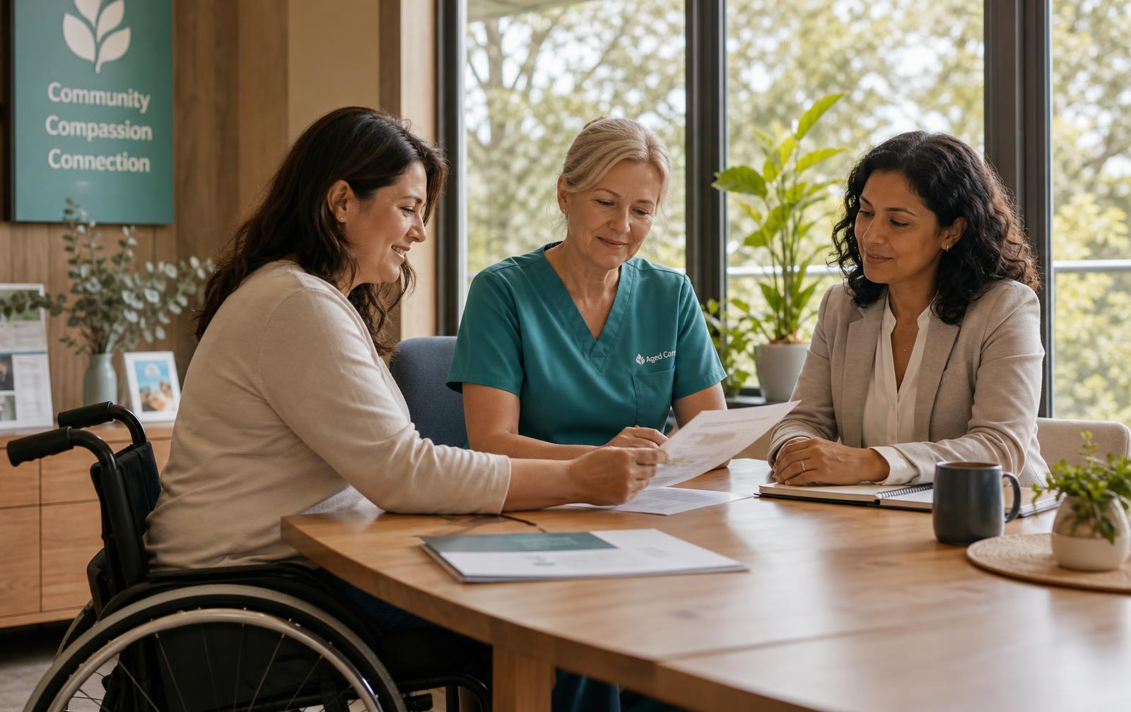 A support coordinator who uses a wheelchair, an aged care nurse and a provider manager planning together around a table in a warm Australian community office