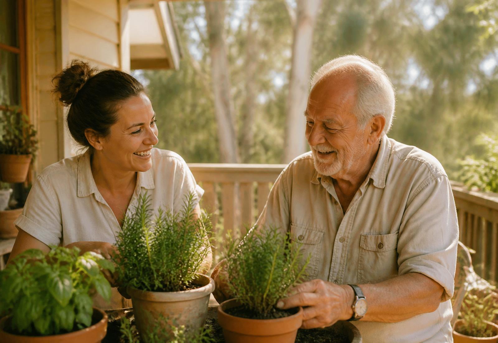 Two young Australian housemates laughing in the courtyard of a sunlit SIL home.